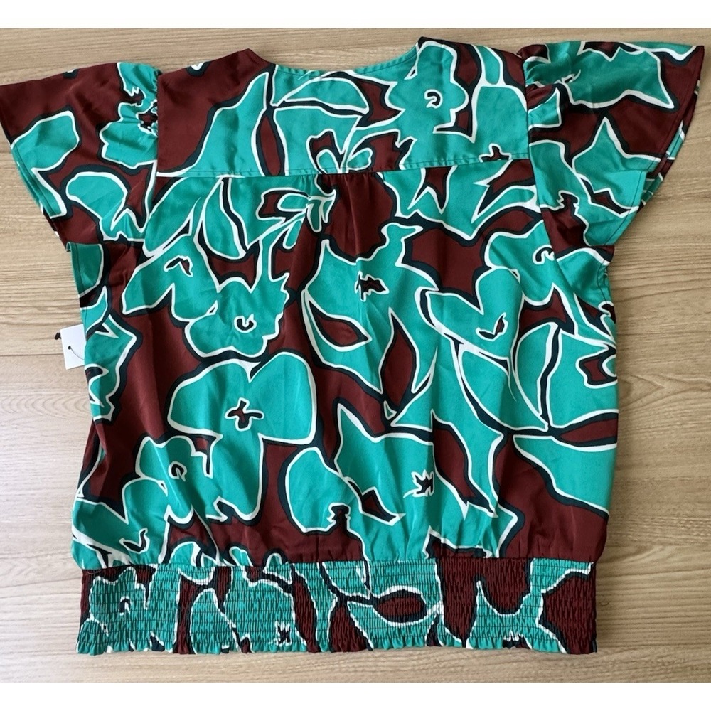 NWT Nine West XL Abstract Floral Flutter Sleeve Blouse Green Burgundy Smocked